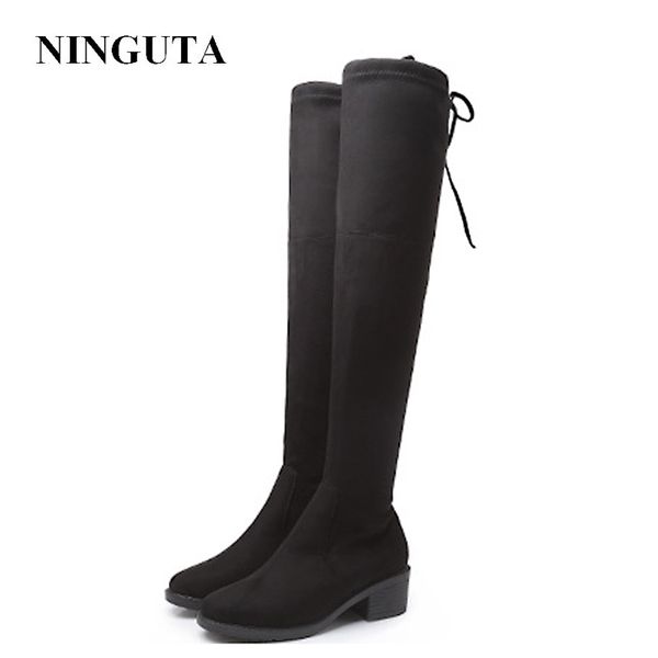 

ninguta thigh high boots women fashion heels over the knee boots suede+stretch fabric, Black