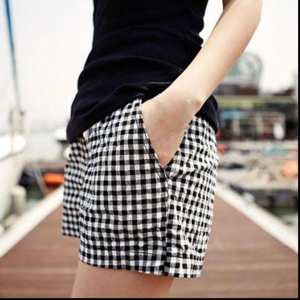

black white plaid shorts female 2020 summer fashion casual loose elastic waist all match women shorts plus size m 3xl, White;black