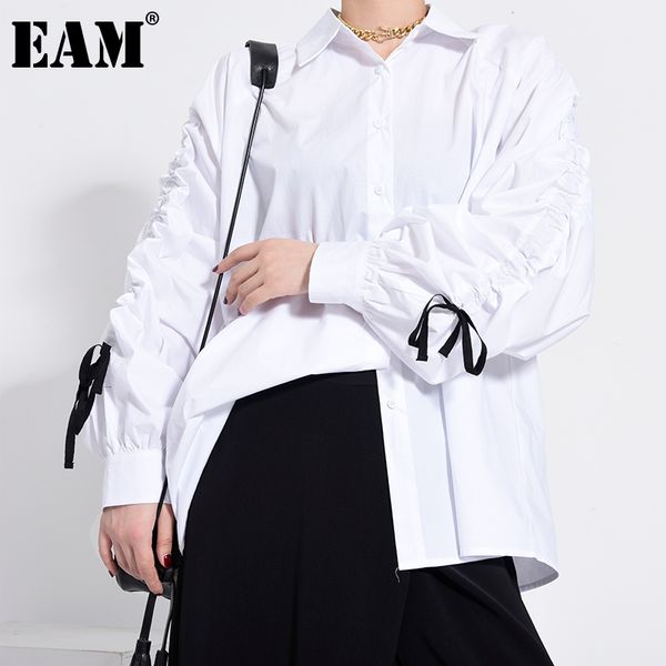 

women's blouses & shirts [eam] women white bandage stitch big size blouse lapel long sleeve loose fit shirt fashion tide spring autumn