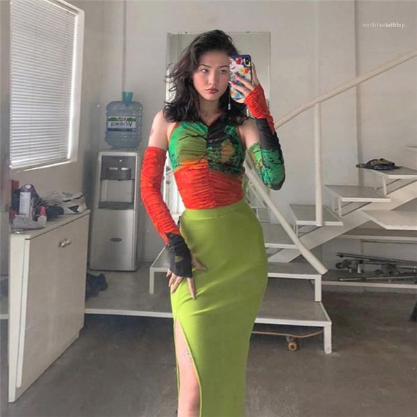 

mesh crop slim fit and long sleeve pack hip split skirt women summer 2 pcs dress sexy, White