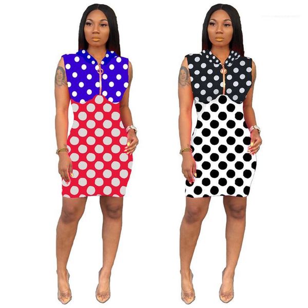 

contrast color panelled sleeveless zipper dress womens 2020 luxury designer clothes summer womens casual dress hooded polka dot printed, Black;gray