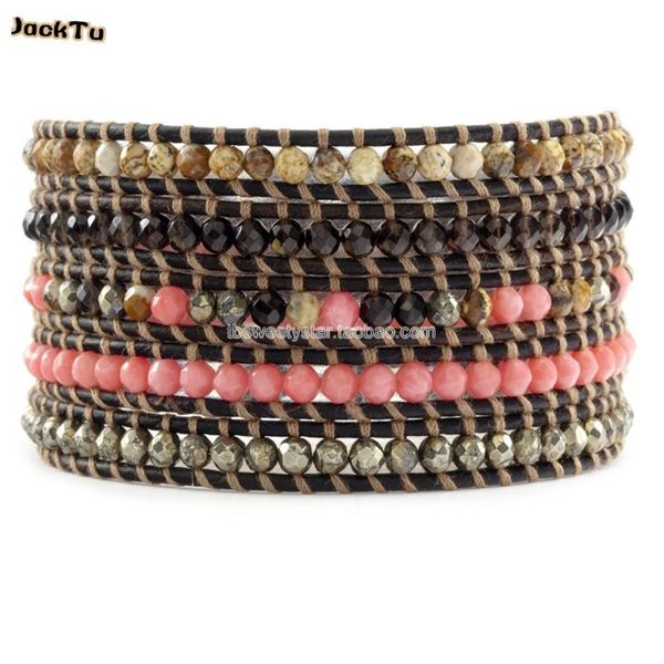 

pink coral pyrite smoky beads leather wrap bracelet punk for woman, Golden;silver