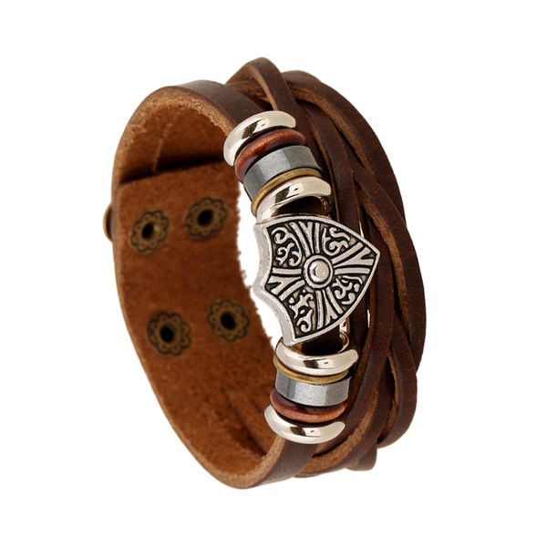 

korean men fashion genuine leather shield charm warp bracelet multilayer braided brown bangle for men women 2020 hand jewelry, Golden;silver