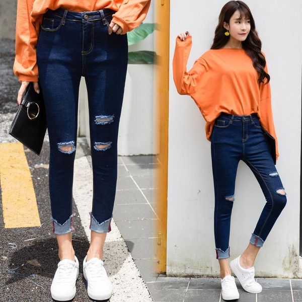

women causal high waist skinny jeans 2020 spring summer vintage frayed stretch ripped keen hole denim pencil pants, Blue