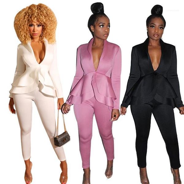 

ruffle suits spring woman designer two piece pants women fashion deep v-neck ol sets womens solid, White