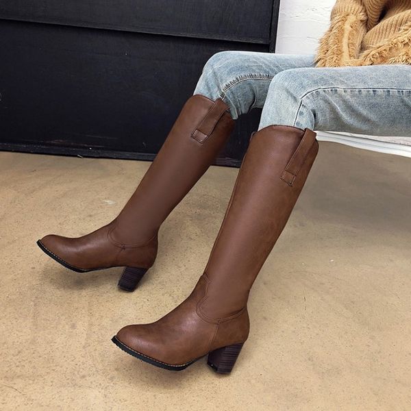 

women slip-on square high heel spring shoes black punk cowboy western boots women round toe knee high boots big size 34-43