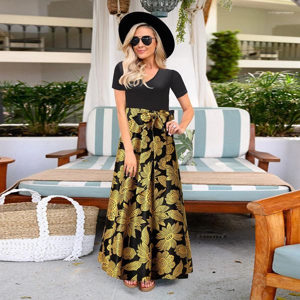 

neck panelled female clothing women designer printed dress summer short sleeve bandage bow dresses v, Black;gray