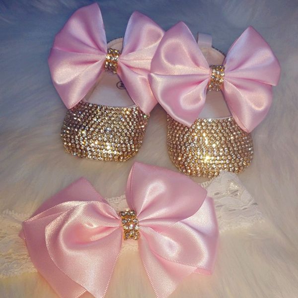 Dollbling Crown Jewelry Personalizado Macio Rosa Dourado Bailarina Dourado Bebê Menina Newborn Photo Aniversário 0-6m CRIB Sapatos Headband