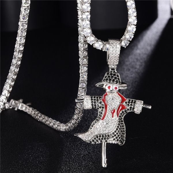 

pendant necklaces hip hop full cz zircon scarecrow with 24 inches iced out tennis chain luxury bogy necklace jewelry, Silver