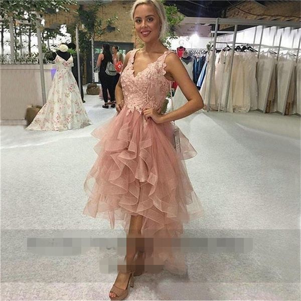 

high low v neck knee length lace prom dresses high low vestidos de gala appliques tulle cascading ruffles evening gowns robe de cocktail, Black;red