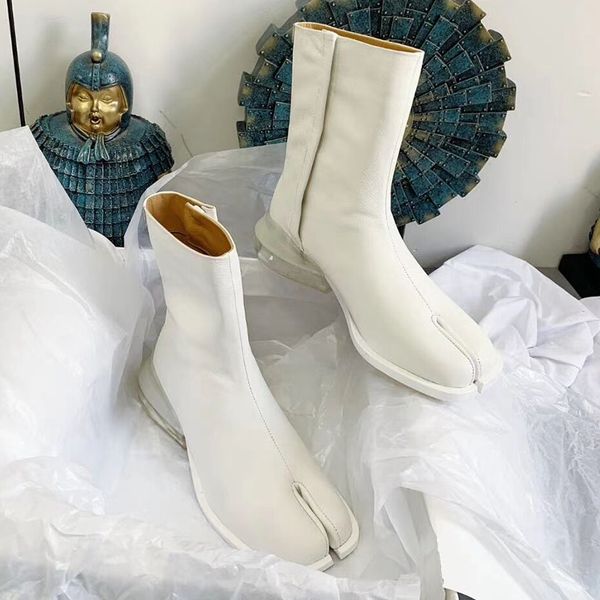 

white printed split toe shoes women transparent air cushion heel designer boots soft leather black autumn trotters shoes