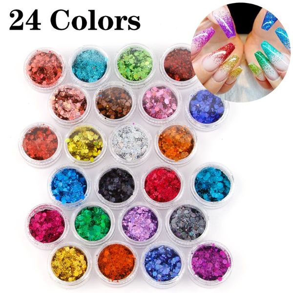 

24jars/set holographic glitter nail flakes chunky glitter holographic powder face body eye nail art manicure decoration, Silver;gold