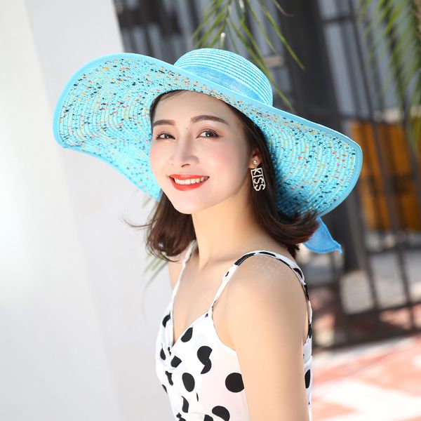 

wide brim hats outdoor beach hat travel holiday sunscreen sunshade sun cap summer lady eave straw women anti-ultraviolet caps h6842, Blue;gray