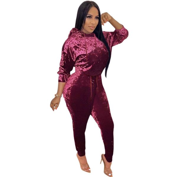 

fashion hooded two piece pants casual soild color two piece sets sports warm golden velvet tracksuits, White