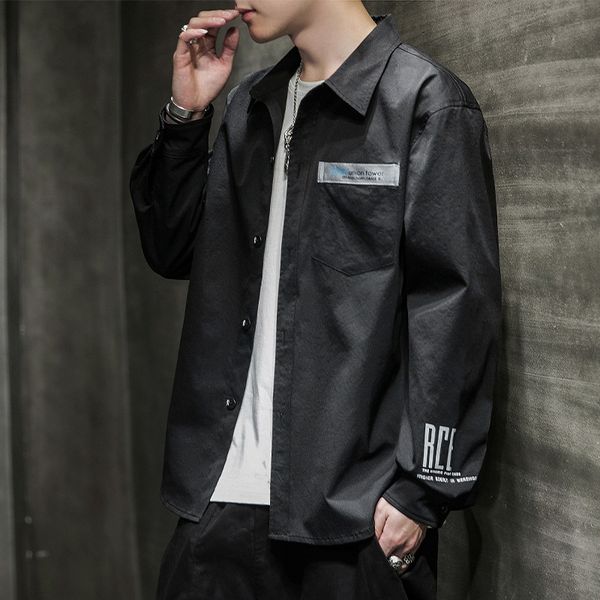 

letter loose mens designer shirts spring autumn solid color lapel neck long sleeve men casual shirt, White;black