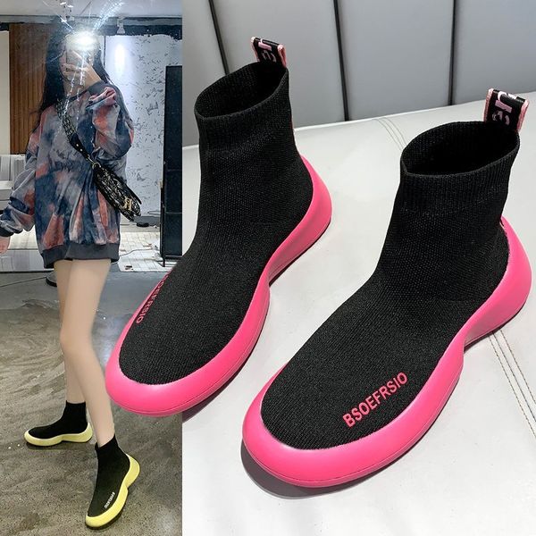 

boots female autumn korean version of allmatch casual boots knitted breathable low wear-resistant thick-soled, Black