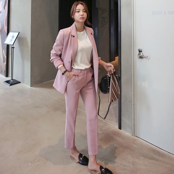 

women's two piece pants women pant suit pink solid double breasted blazer high waist elegant office lady basic casual 2 set, White