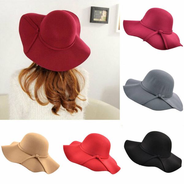

new women lady vintage soft wide brim wool felt bowler fedora hat floppy cloche 2020 fashion candy color sun cap modern, Blue;gray