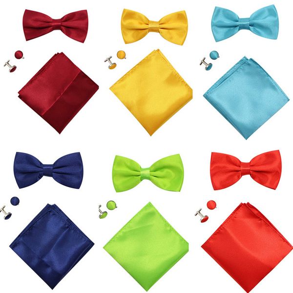 

bow ties tie cufflinks set men 's solid color square pocket towel three - piece silk shirt gift, Black;gray