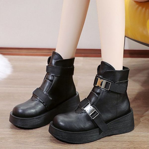 

rimocy fashion double buckle chunky wedges shoes for women 2020 new big toe platform ankle boots woman patent leather shoes lady, Black