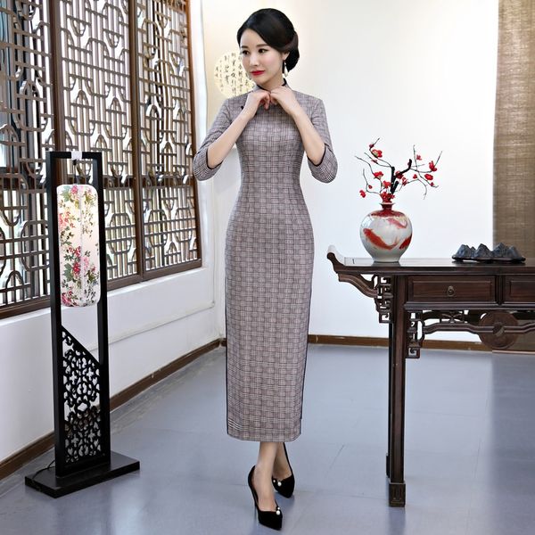 

suede two-color square plaid long cheongsam cheongsam dress with republic of china style improved stand collar chinese style yfxpk, Black;gray