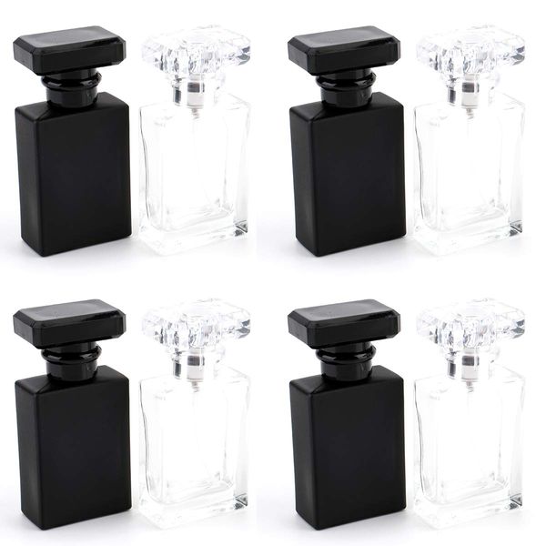 30 ml / 1 oz. Frasco de perfume recarregável, frasco atomizador de perfume de vidro vazio quadrado com aplicador de spray, transparente e preto sortido