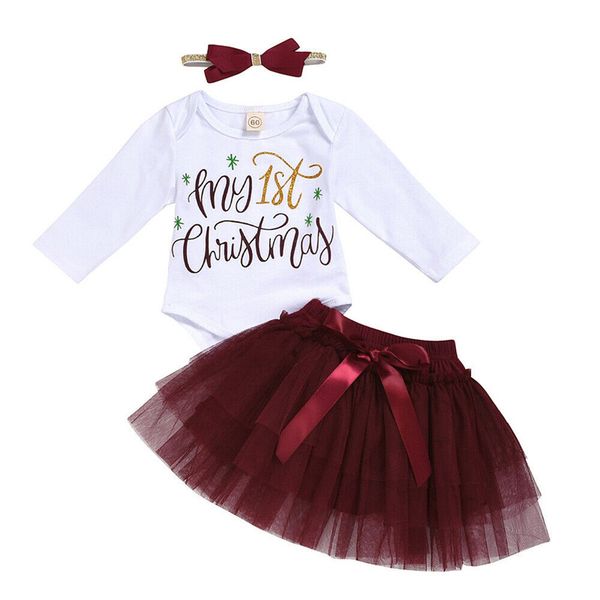 

0-18m christmas newborn baby girl clothes sets long sleeve romper mesh tutu skirt+headwear 3pcs 2020 xmas outfits, White
