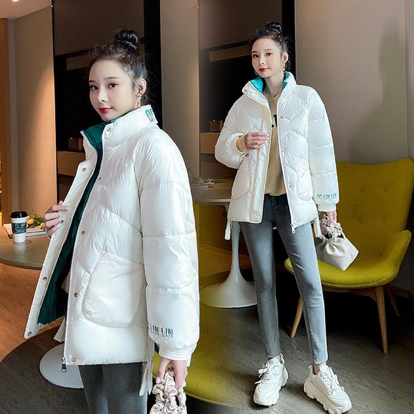 

stand collar women's jackets 2020 oversized solid parkas female winter loose thick cotton padded letter print casual outwear, Black