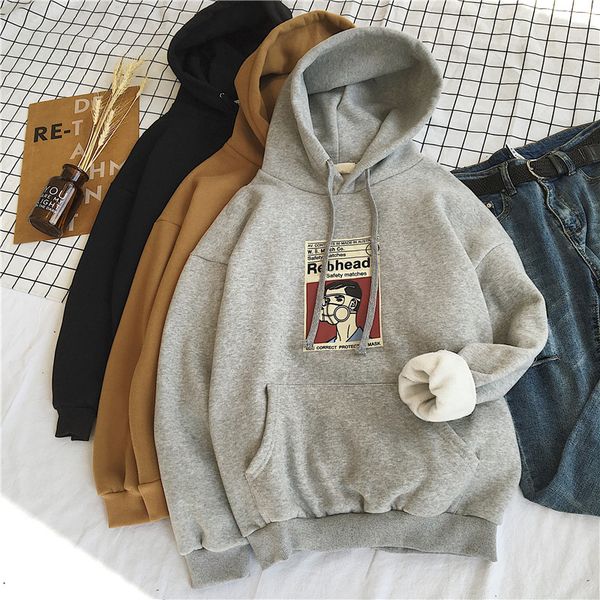 

2020 осень hoodie женской одежды корейский ulzzang harajuku printed сыпучие кофты женщины с длинным рукавом руно с капюшоном толстовка, Black
