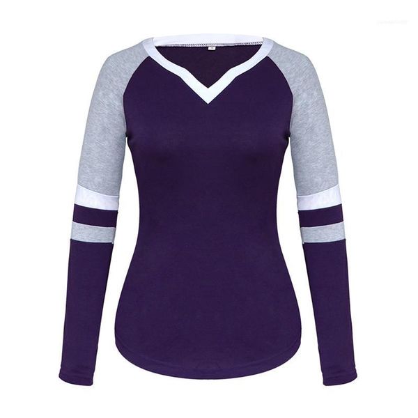 

ladies tees casual solid color female v neck striped womens tshirts long sleeve patchwork color, White