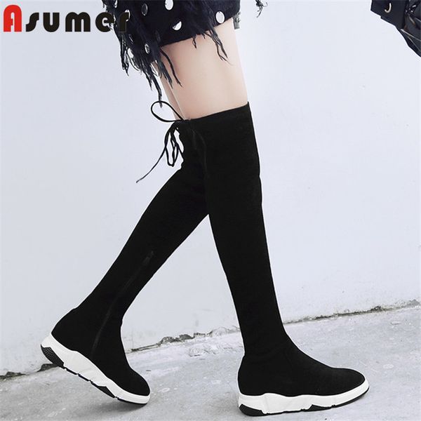 

asumer 2020 suede leather over the knee boots women lace up round toe autumn winter stretch boots slim flat shoes woman, Black