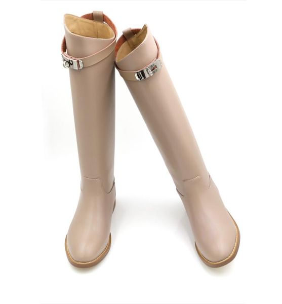 

boots 2021 leather long booties metal lock buckle women knee high plus size low heel botas woman brand designer shoes chic, Black