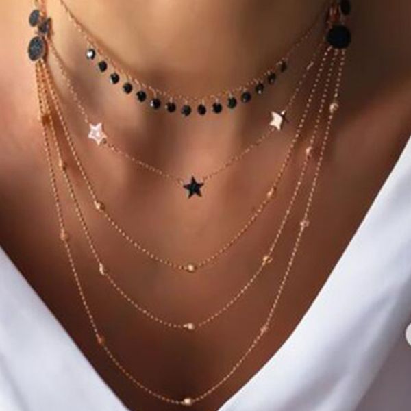 

huatang boho crystal bead star pendant necklace for women multilayer gold bead clavicle chain female collare jewelry on the neck, Silver