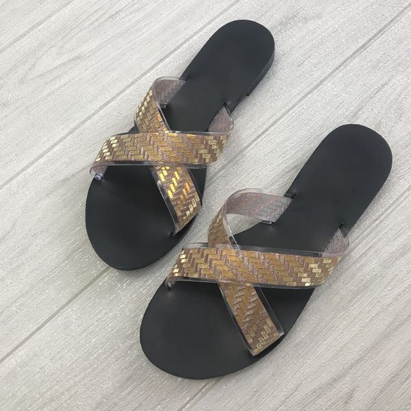 

2020 new summer flashing glitter flat bottom cross belt fashion women's sandals all-match beach shoes, Black