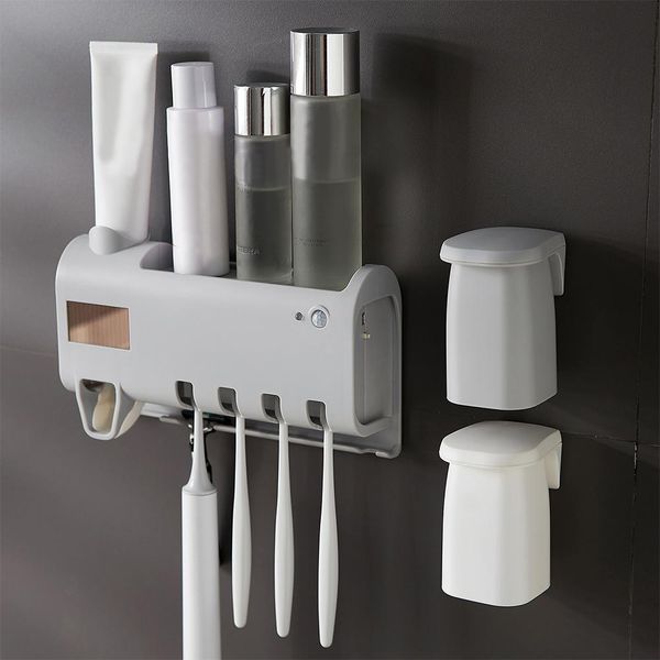 

automatic toothpaste dispenser usb charging led ultraviolet tooth brush sterilizer bathroom set toothbrush holder with 2 cups t200506