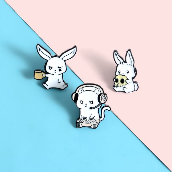 

pins, brooches cat animal enamel pins drink eating skull play games cartoon badges cute gifts for women wholesale jewelry, Gray