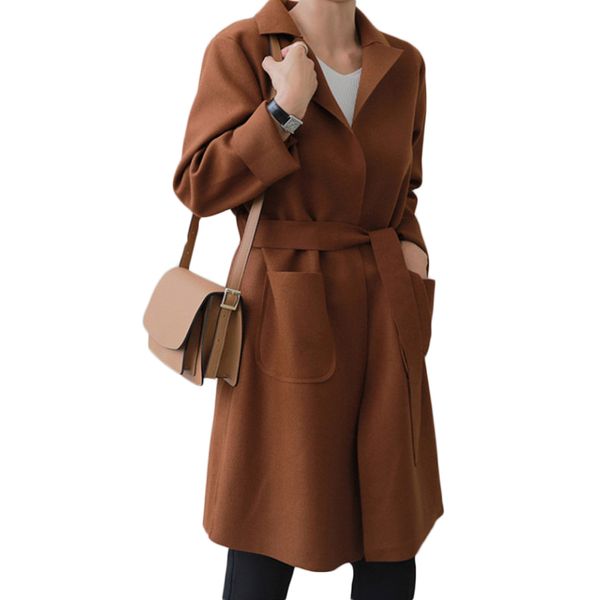 

winter coat women long sleeve elegant lapel belted long woolen outwear coats 2020 autumn streetwear casual overcoat womens coat, Black