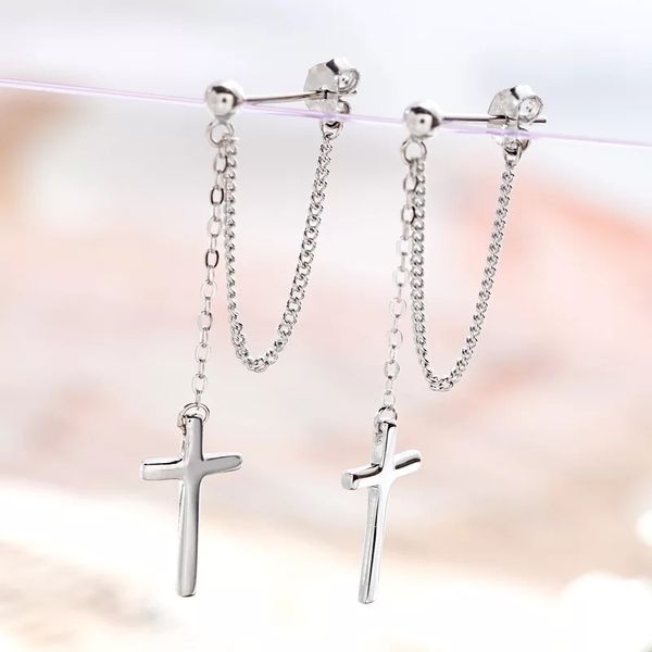 

925 sterling silver earring hanging cross chain six-pointed star long earring personality fashion trend boy girl ear jewelry