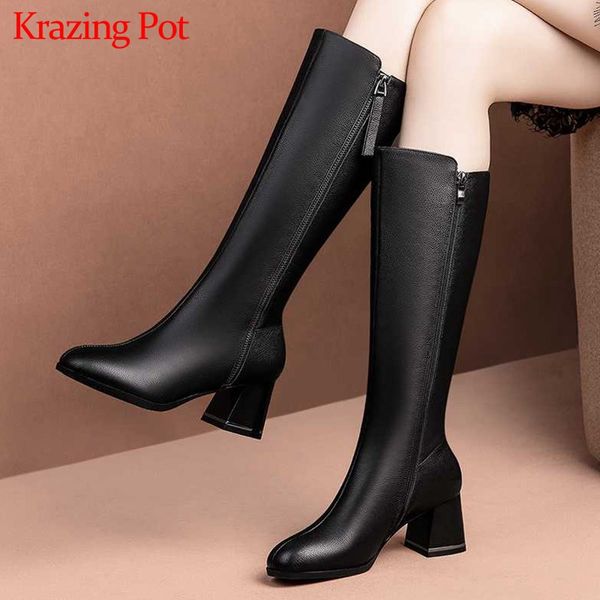 

krazing pot simple office lady genuine leather solid round toe high heels side zipper winter keep warm thigh high boots l22, Black
