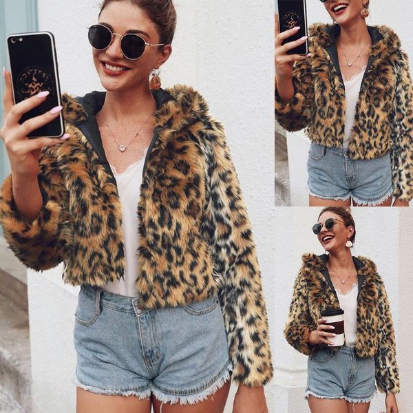 

women's fur & faux veste femme manteau winter coat women ladies warm jacket leopard outerwear chaqueta mujer fourrure, Black