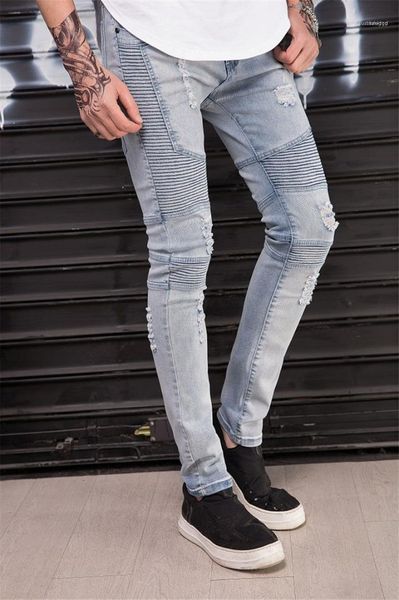 

designer holes jeans stretch korean men skinny drape pencil pants fashion homme slim casual jean mens, Blue