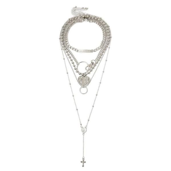 

2020 5pcs/set dark gothic slid big love heart pendant necklace street punk double button round choker necklace for women men, Silver