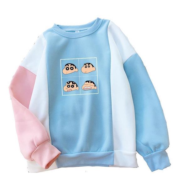 

women harajuku japanese crayon shin chan anime print sweatshirt casual streetwear kawaii cartoon print fleece spell color hoodie, Black