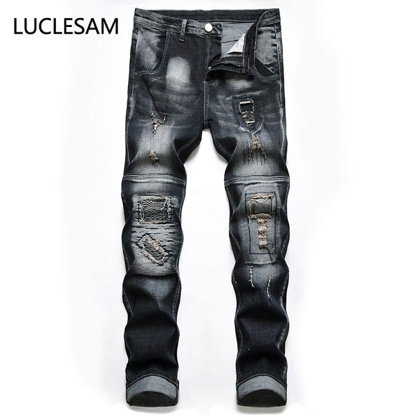 

men's jeans mens grey black denim pants straight slim distressed holes frayed folds biker trousers men fashion streetwear clothes 40, Blue