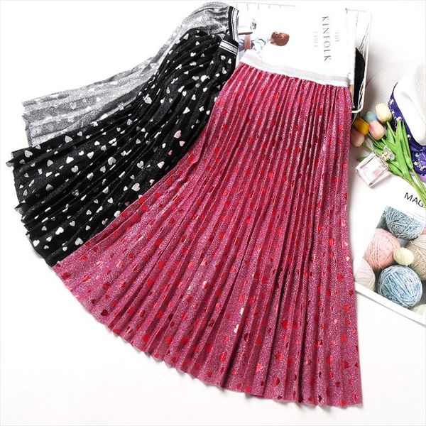 

2020 autumn new arrival silky pleated skirt high waist faldas largas elegantes heart print ladies skirts ing, Black