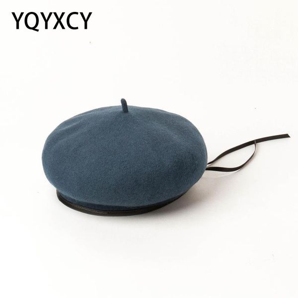 

2020 new fashion pu leather rope female casual classic solid color simple caps hats women winter wool painter cap beret, Blue;gray
