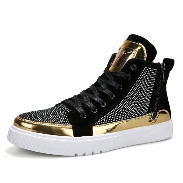 

new cool men high men gold glitter sneakers lace up crystal platform flats gold shoes man sequins krasovki bling shoes, Black