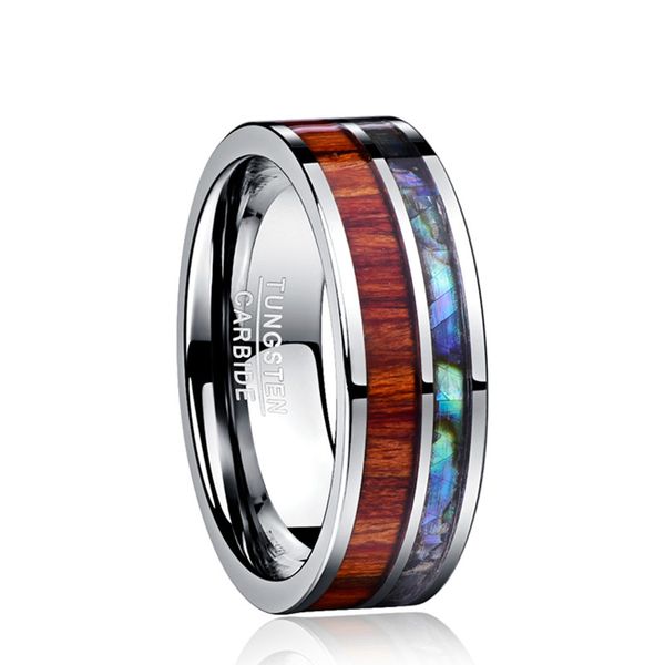 

8mm wide men's ring polished 100% tungsten carbide ring inlay wood grain natural shell flat edge comfort fit size 7-12, Slivery;golden