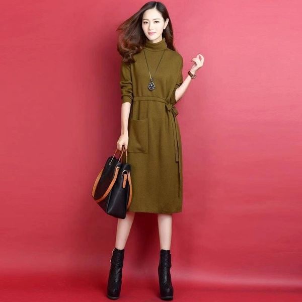 

2020 autumn and winter slim-fit waist-closed pullover dressbase knitted dress thickened pullover sweater women's ultra-long sweater dre, Black;gray