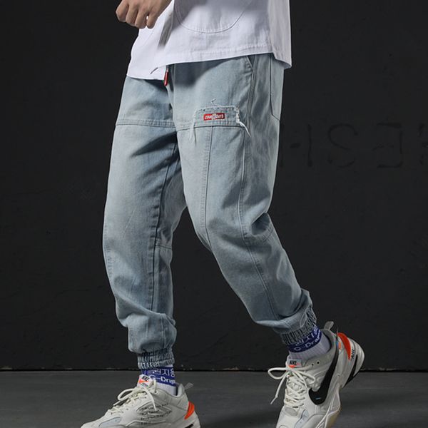 

men's jeans men overalls s-6xl jogging denim elastic waist hip-hop harem pants light blue